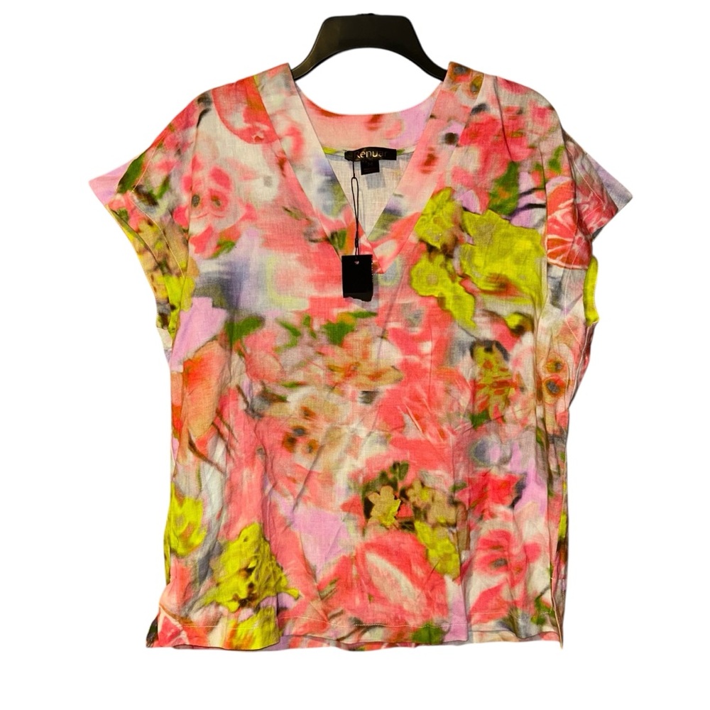 Renuar Womens Linen Blend Floral Watercolor Top Medium V Neck Blouse‎ NWT